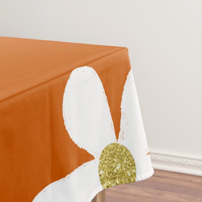Burnt Orange White Simple Daisy Gold Tablecloth (In Situ)