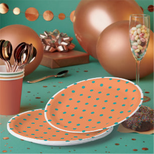 Burnt Orange White Teal Polka Dots  Paper Plate
