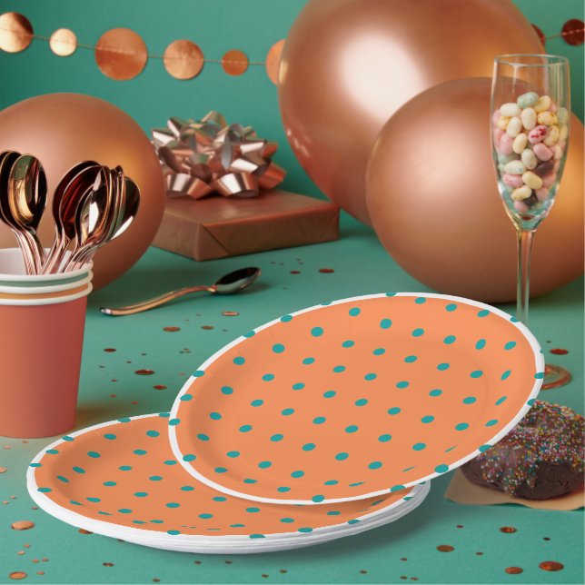 Burnt Orange White Teal Polka Dots  Paper Plate (Multi)