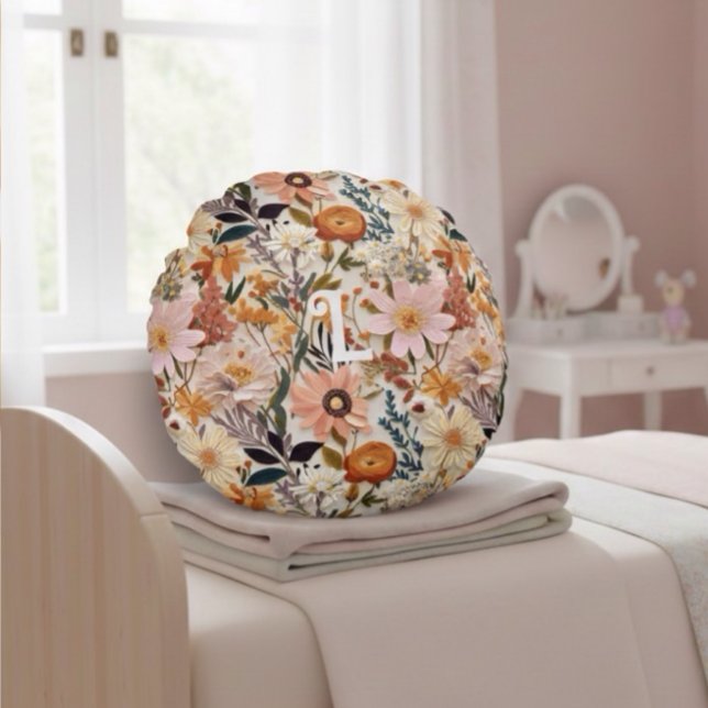 Burnt Orange Wildflower Cottagecore Monogram Round Cushion (Creator Uploaded)