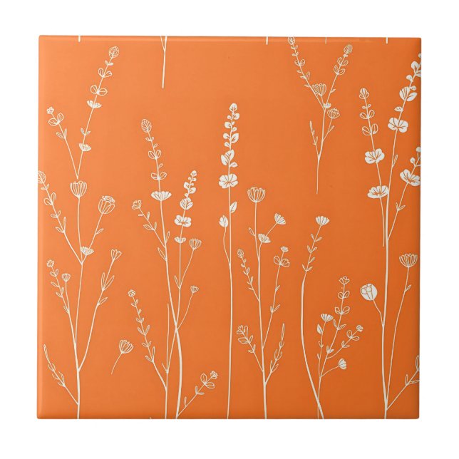 Burnt Orange Wildflower Minimal Pattern Ceramic Tile (Front)