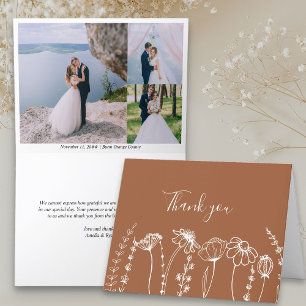 Burnt Orange Wildflower Sketch 3 Wedding Photo Thank You Card