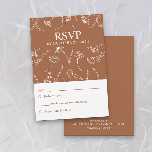 Burnt Orange Wildflower Sketch Wedding RSVP Card (RSVP Card in Terracotta Burnt Orange, from my Wildflower Sketch collection)