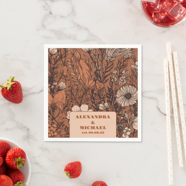 Burnt Orange Wildflowers Wedding Napkin (Insitu)