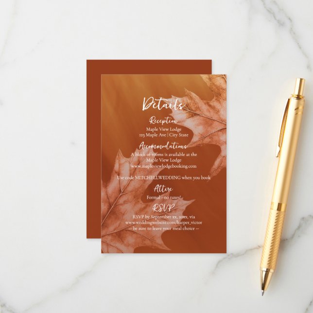 burnt orange with maple leaves accent details enclosure card (Front/Back In Situ)