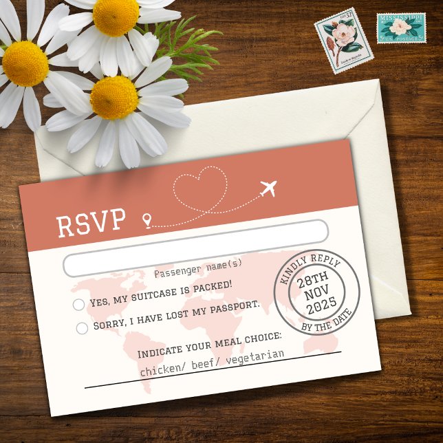 Burnt Orange World Map Destination Wedding  RSVP Card (Creator Uploaded)