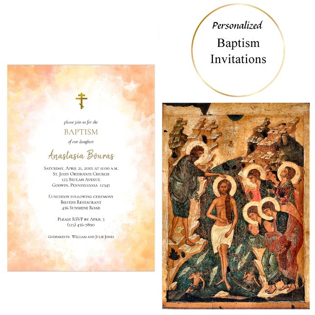 Burnt Orange Yellow Sunset Colours Orthodox Baptis Invitation (Creator Uploaded)