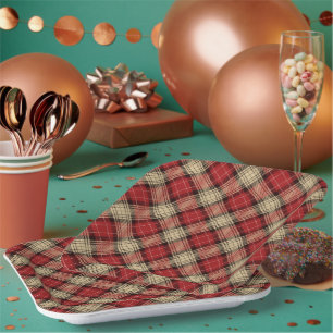 Burnt Red Beige Modern Scottish Tartan Christmas Paper Plate