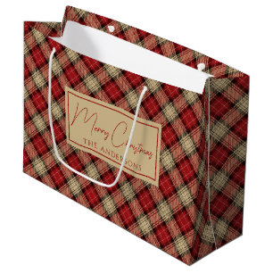 Burnt Red Beige Rustic Scottish Tartan Christmas Large Gift Bag