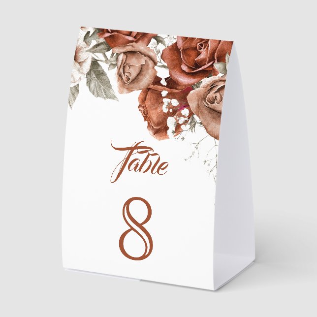 Burnt Roses Terracotta Floral Wedding Table Number (Front)