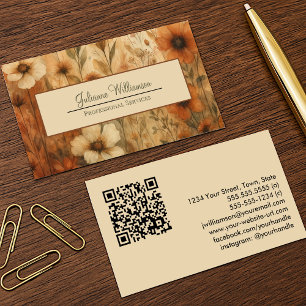Burnt Sienna Boho Chic Watercolor Floral QR Code Business Card