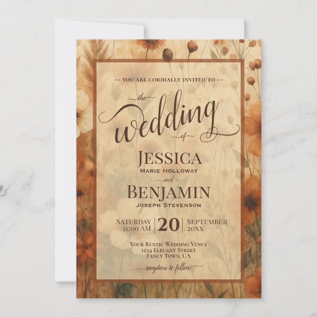 Burnt Sienna Boho Floral Stylish Script Wedding Invitation (Front)