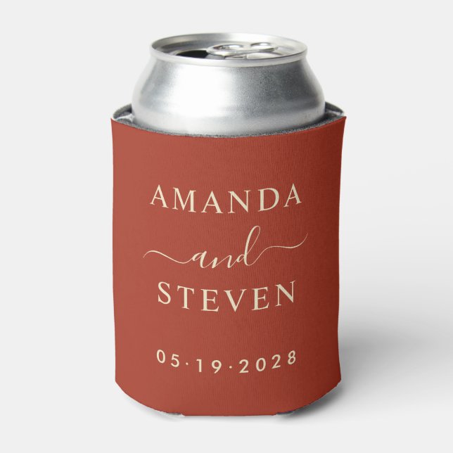 Burnt Sienna Couple Names with Wedding Date Can Cooler (Can Front)