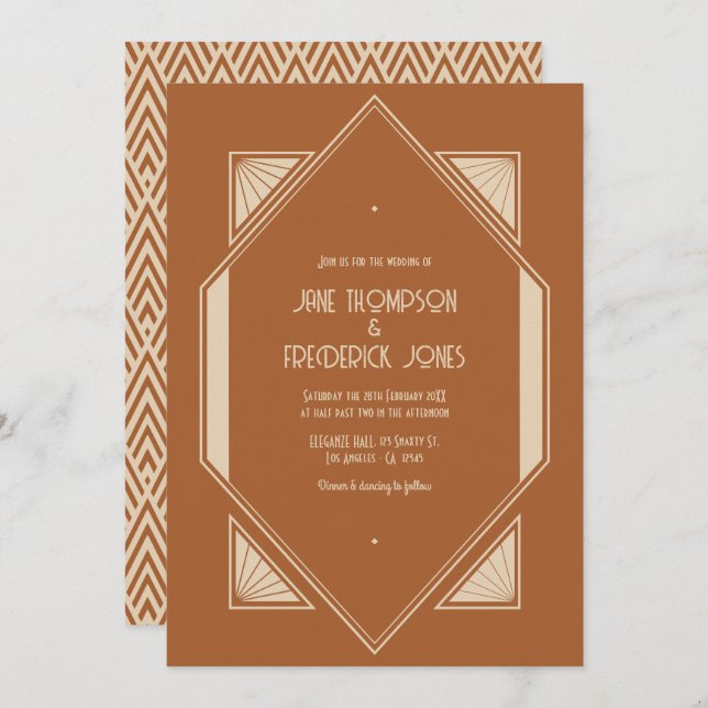 Burnt Sienna & Desert Taupe Art Deco Wedding Photo Invitation (Front/Back)