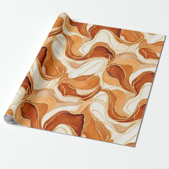 Burnt Sienna Gold Marble Abstract Fluid Wrapping Paper (Unrolled)