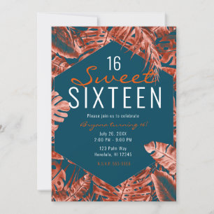 Burnt Sienna & Teal Tropical Palm Leaves Sweet 16 Invitation