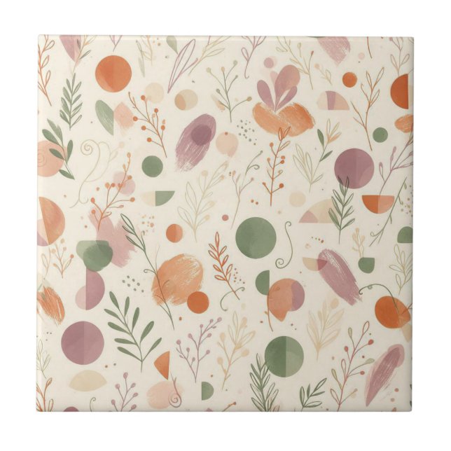 Burnt Terracotta Dusty Sage Boho Desert Fern Line  Ceramic Tile (Front)