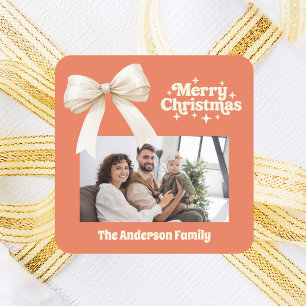 Burnt terracotta photo cream bow retro Christmas Square Sticker