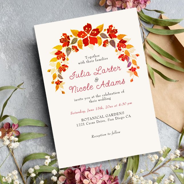 Burnt Tropical Hibiscus Florals Photo Wedding Invitation (Creator Uploaded)
