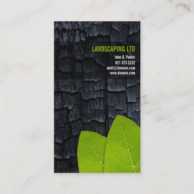 Burnt Wood Green Leaves Unique Landscaper Business Card (Front)