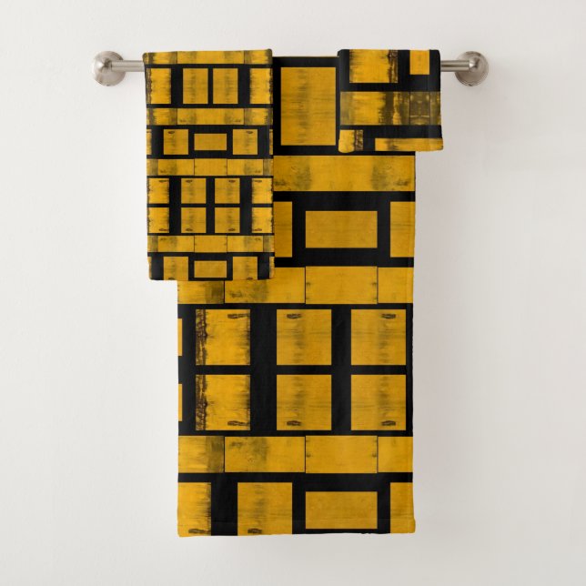 Burnt Yellow Black Bathroom Towel Sets (Insitu)
