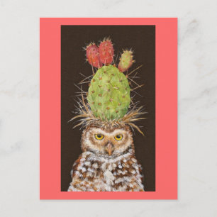 burrowing owl with cactus hat postcard