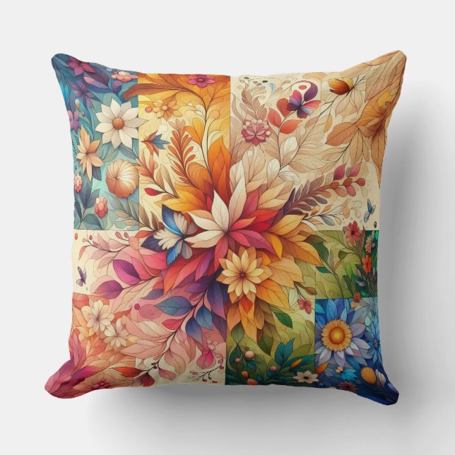 “Burst of Nature: Symmetrical Floral Illustration” Cushion (Front)