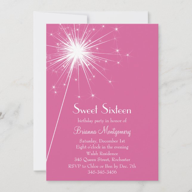 Burst of Sparkles Sweet Sixteen Invitation fuchsia (Front)