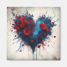 Bursting Blue Heart with Red Flowers