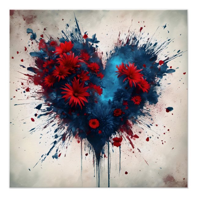 Bursting Blue Heart with Red Flowers Poster (Front)