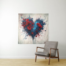 Bursting Blue Heart with Red Flowers
