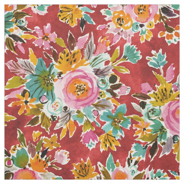 BURSTING Bold Red Watercolor Floral Fabric (Swatch)