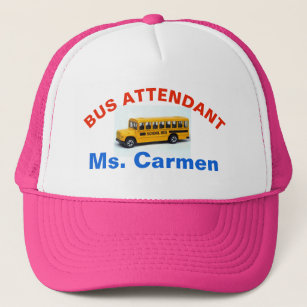 BUS ATTENDANT with name,  PINK HAT