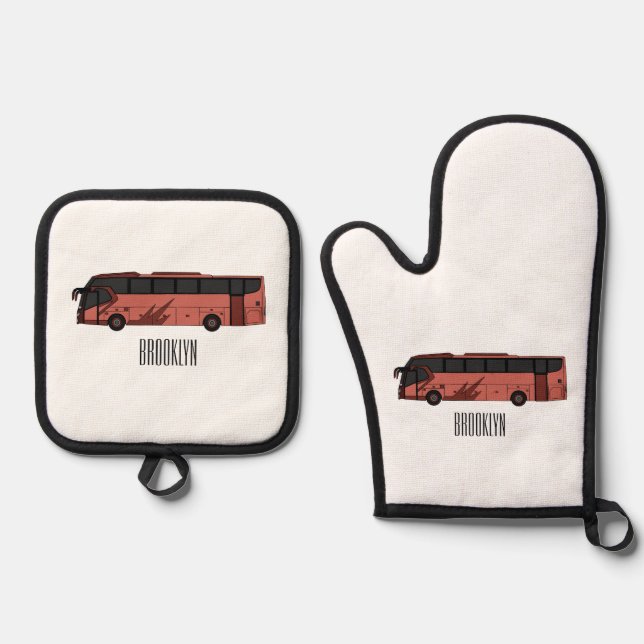 Bus cartoon illustration oven mitt & pot holder set (Front)