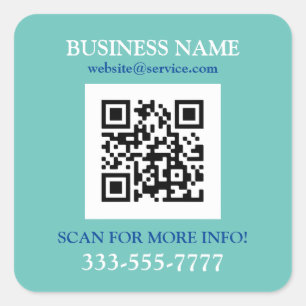 Bus. Name Promo, QR Code, Lt Teal Blue White Square Sticker