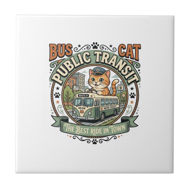 Bus Public Transit Cat Bus Public Transit Cat Vint Ceramic Tile (Front)