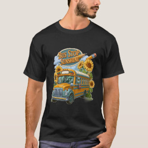 Bus Stop Sunshine School Bus and Sunflowers T-Shirt