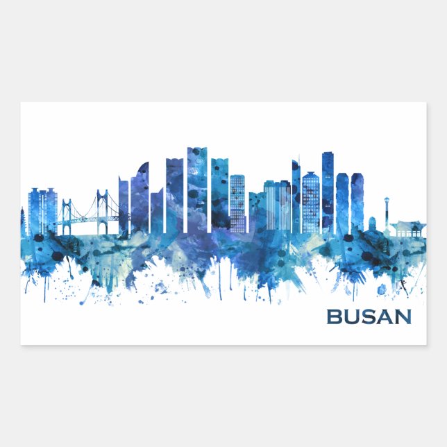 Busan South Korea Skyline Blue Rectangular Sticker (Front)