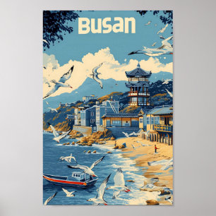 Busan South Korea Vintage Art Travel Illustration Poster