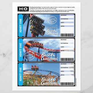 Busch Gardens Mock Ticket for Travel and Events