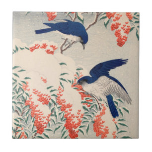 Bush and Fly Catchers in Snow by Ohara Koson Ceramic Tile