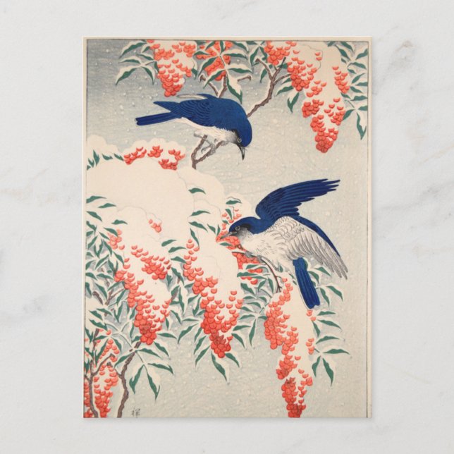 Bush and Fly Catchers in Snow by Ohara Koson Postcard (Front)