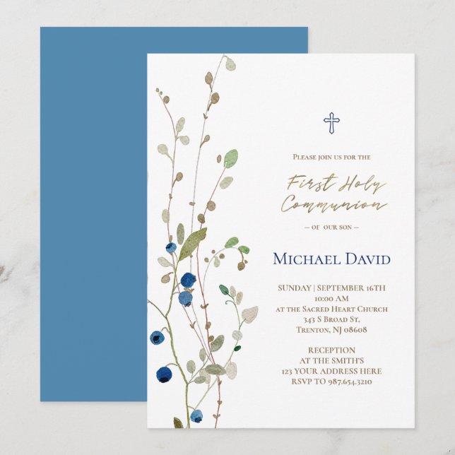  bush bilberry foliage First Holy Communion Invitation (Front/Back)