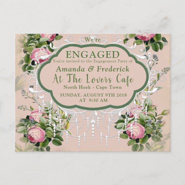 Bush Garden Green - Soft Pink Roses Engagement Invitation Postcard (Front)