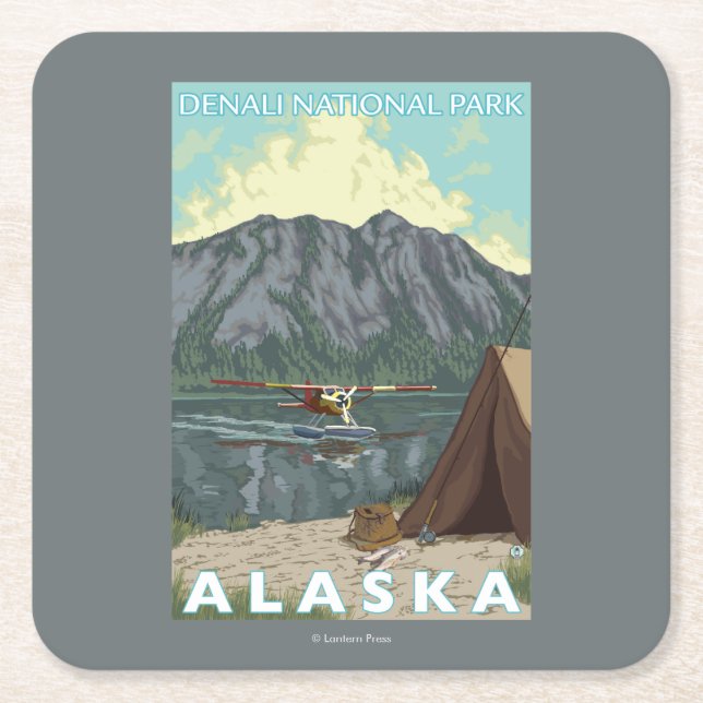 Bush Plane & Fishing - Denali Nat'l Park, Square Paper Coaster (Front)