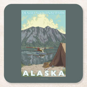 Bush Plane & Fishing - Denali Nat'l Park, Square Paper Coaster