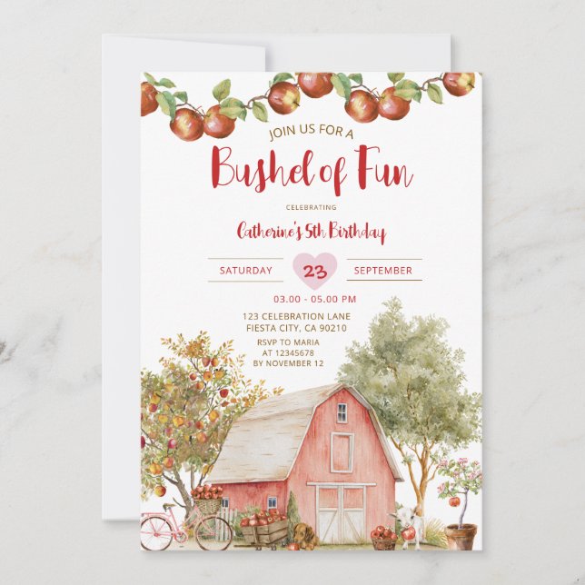 Bushel of Fun Birthday Apple Kid Orchard Birthday Invitation (Front)