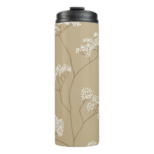 Bushes of small white flowers in beige color palet thermal tumbler