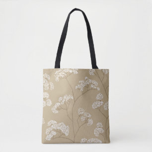 Bushes of small white flowers in beige color palet tote bag