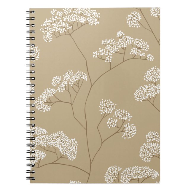 Bushes of small white flowers in beige colour pale notebook (Front)